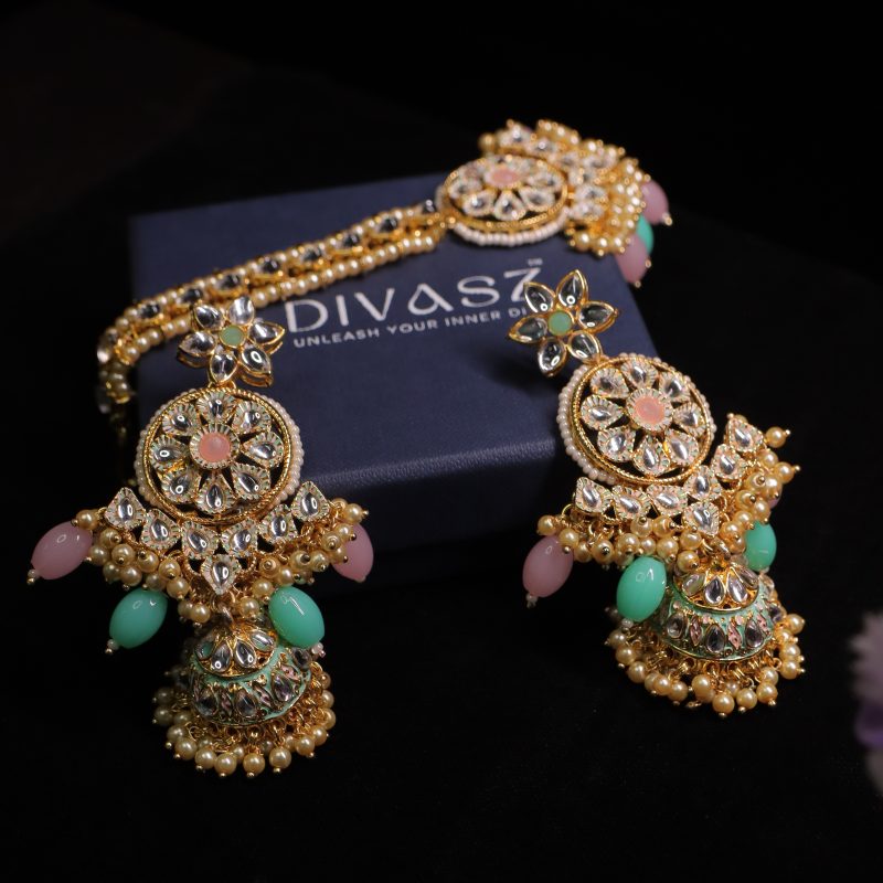 Jaipuri Green Pink Premium Party Necklace Set "V" Shape Choker - Image 4