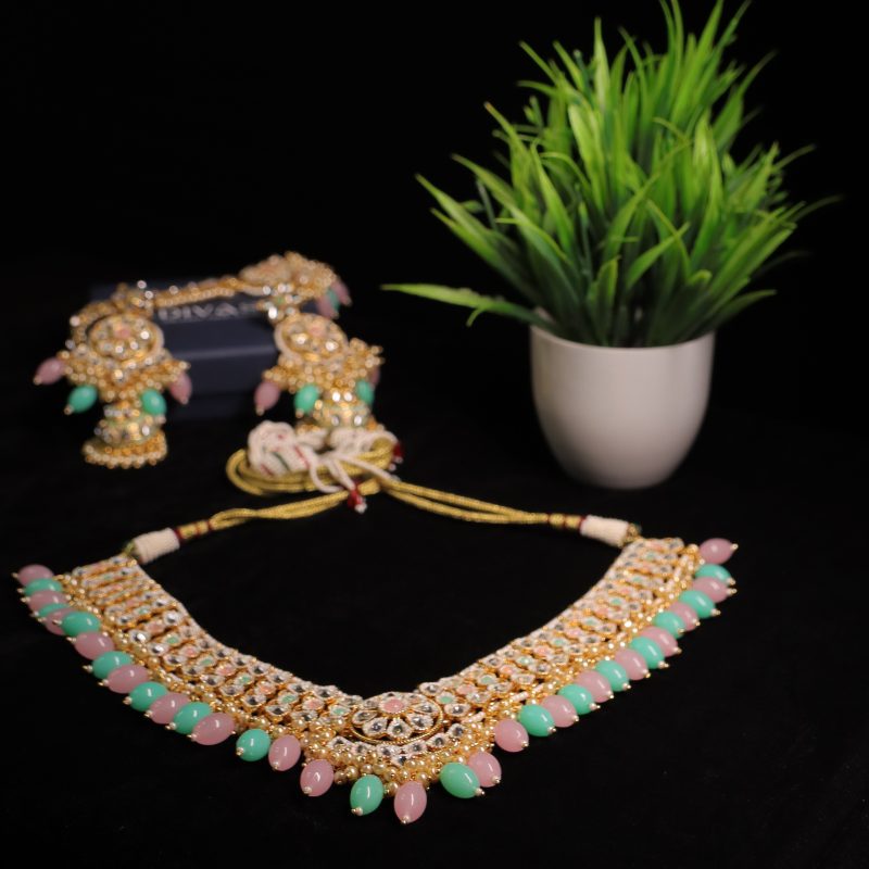 Jaipuri Green Pink Premium Party Necklace Set "V" Shape Choker - Image 3