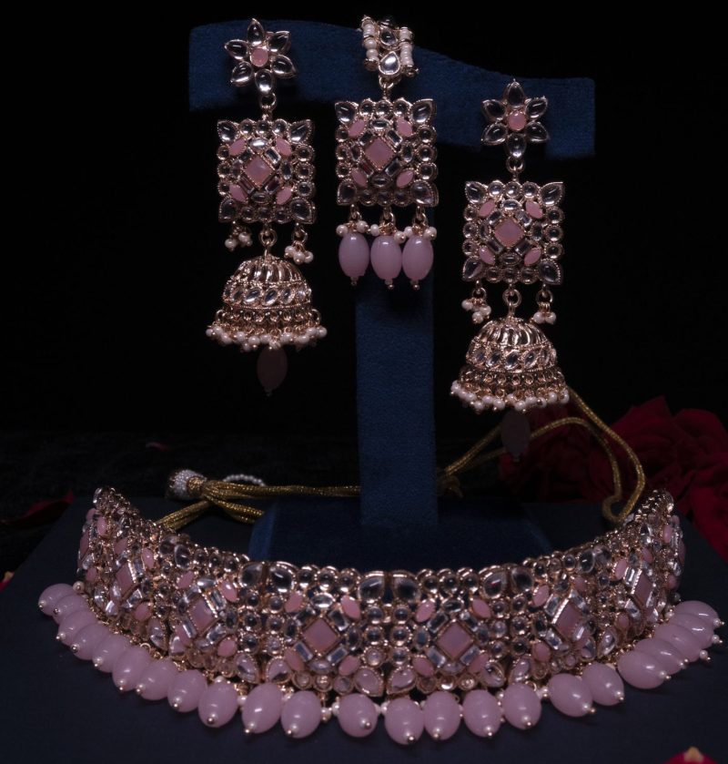 Jaipuri Baby Pink Premium Party Necklace Set/Choker - Image 4
