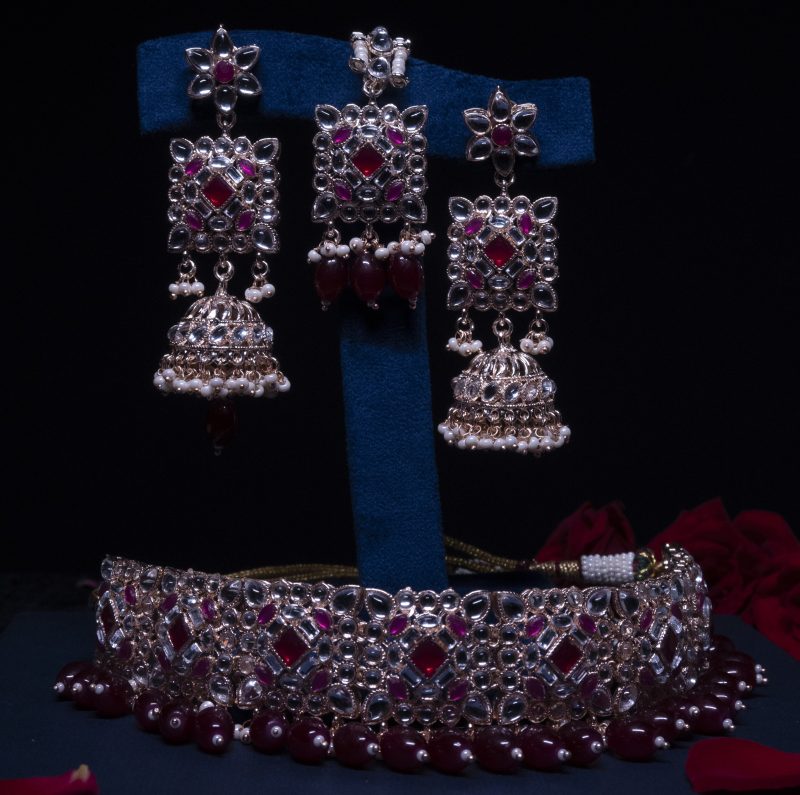 Jaipuri Queen Necklace Set/Choker Pink Premium Party - Image 3
