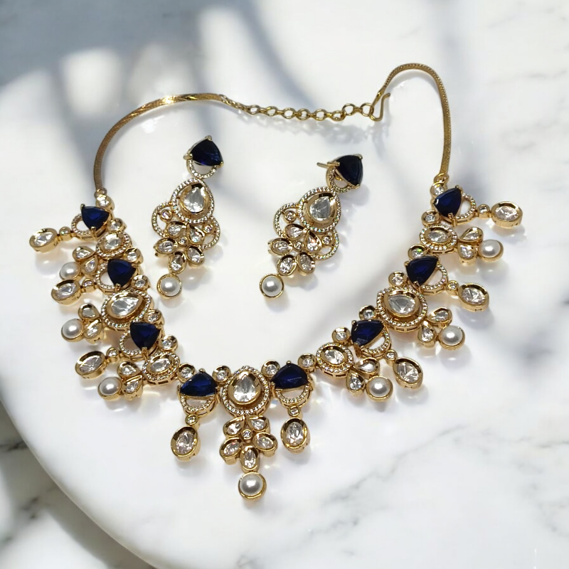 American Diamond Classic Blue Party Kundan Necklace Set
