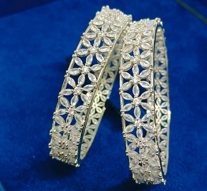 AD Silver Classic Floral Bangles (2 Pc.) - Image 2