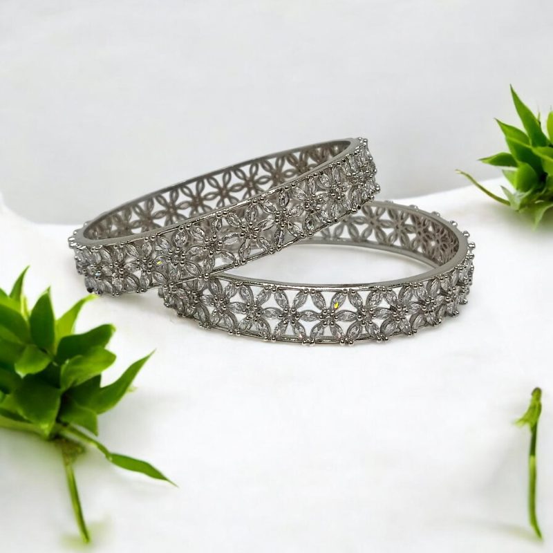 AD Silver Classic Floral Bangles (2 Pc.)