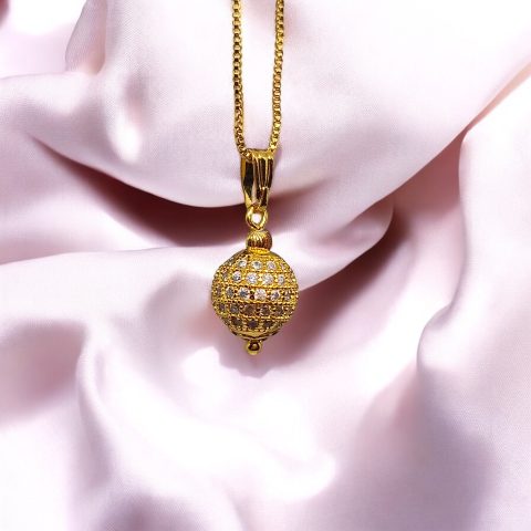 24K Gold Plated Ball Pendant, chain, ear-tops combo
