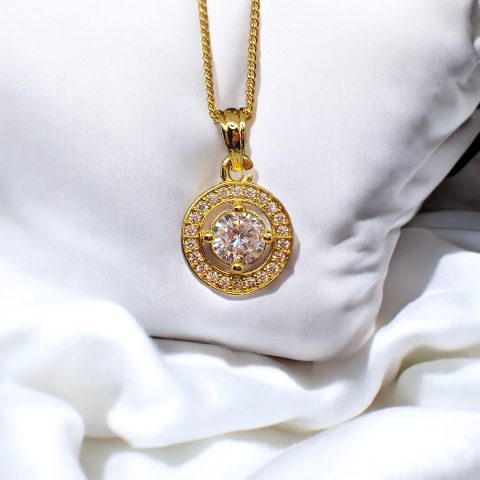 24K Gold Plated round Pendant and chain with AD Stone