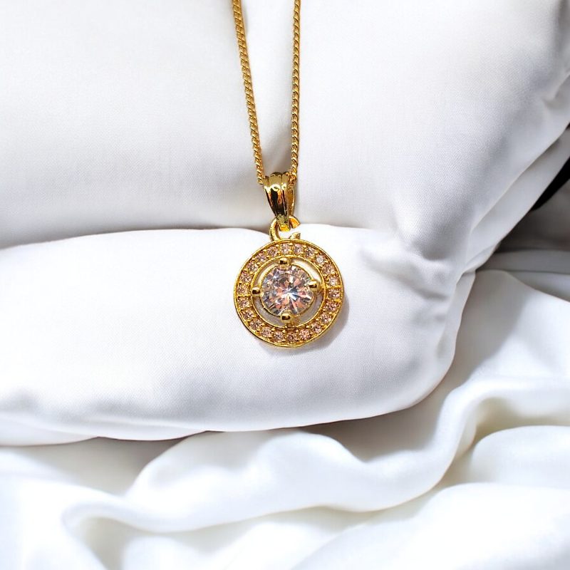 24K Gold Plated round Pendant and chain with AD Stone - Image 3