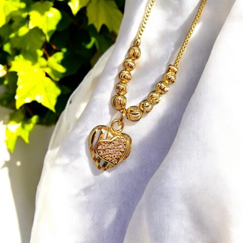24K Gold Plated Heart on Heart Pendant and chain with AD